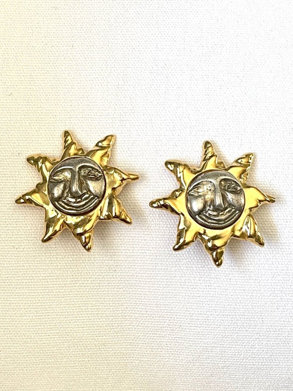 Vintage Gold & Silver Celestial Sun Face Earrings-Clip On